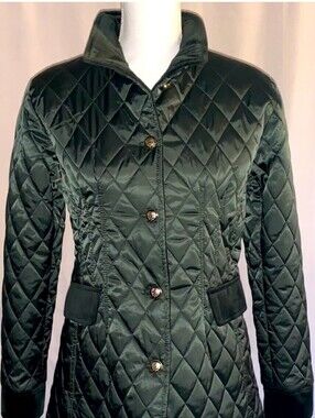 Quilted Dark Green Women's Coat With Velvet Trim And Gold Logo Buttons Size M